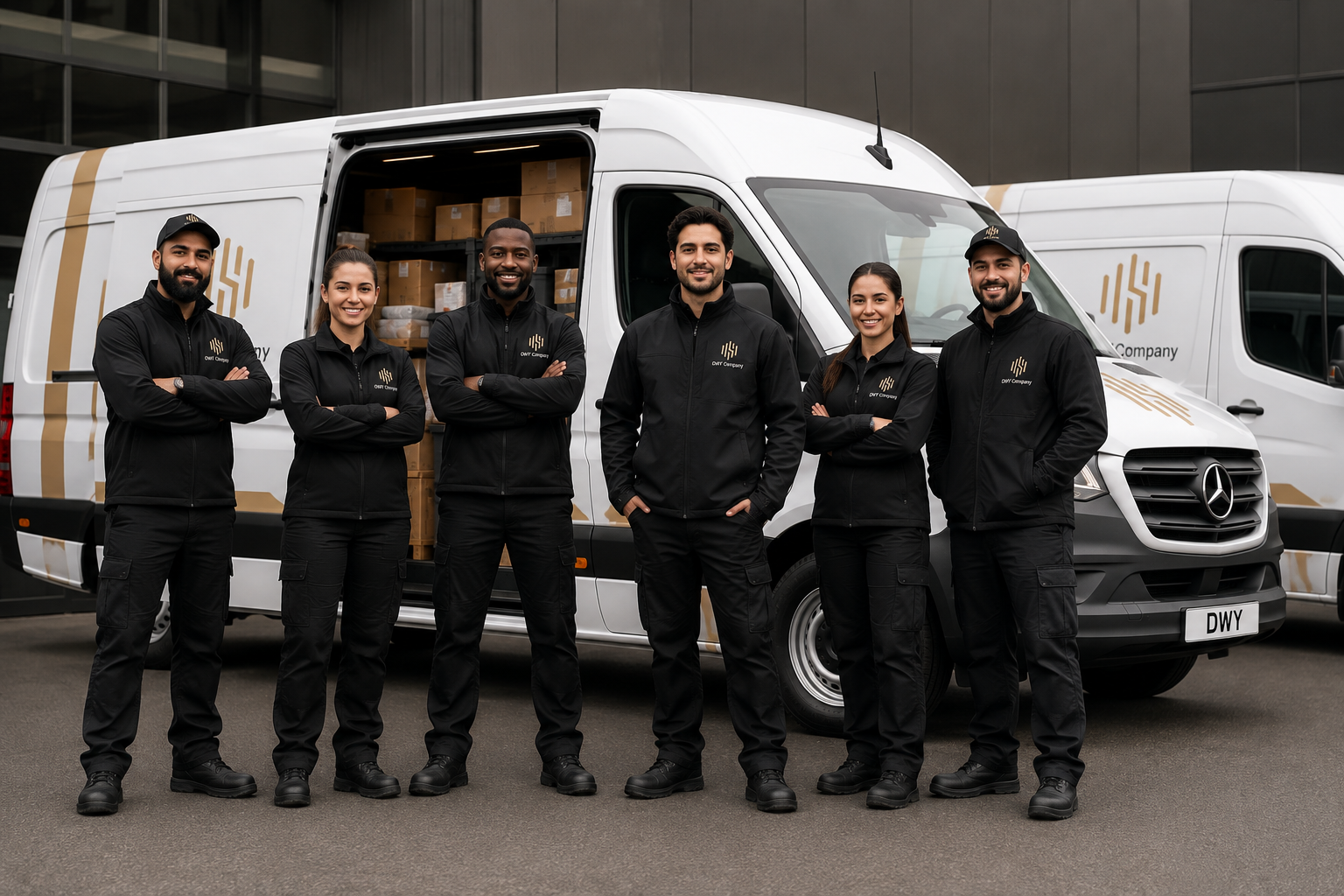 L'équipe DWY Company devant ses camionnettes